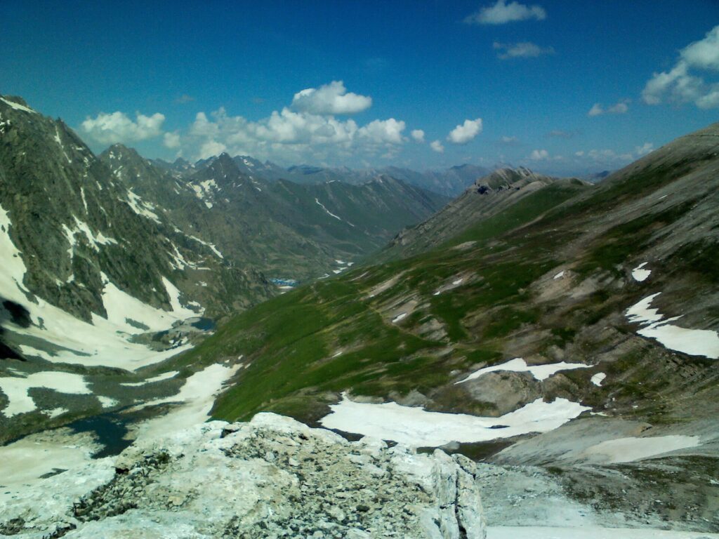 Gadsar and Yamsar lakes viewed from Gadsar Pass on the Kashmir Great Lakes trekking route