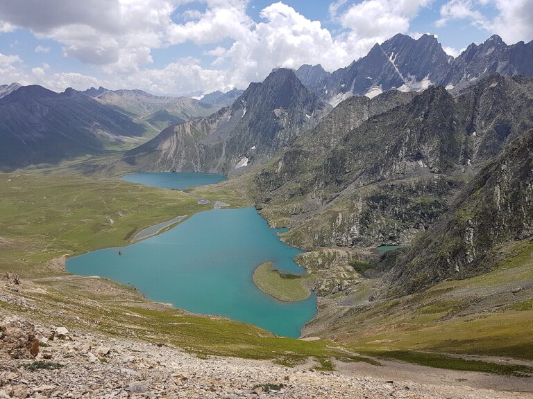 Vishansar and Krishansar lakes seen from the Gadsar Pass area on the Kashmir Great Lakes trekking route