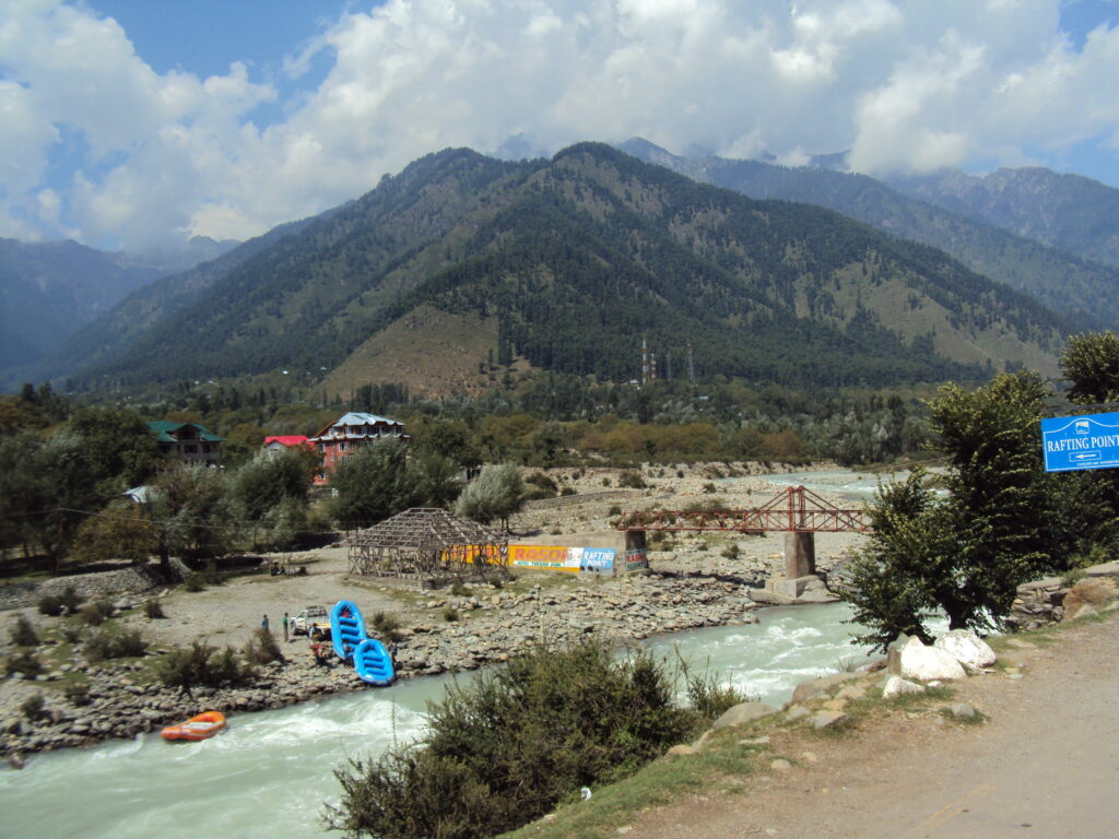 Rafts at the Lidder River rafting point near Batkot Pahalgam
