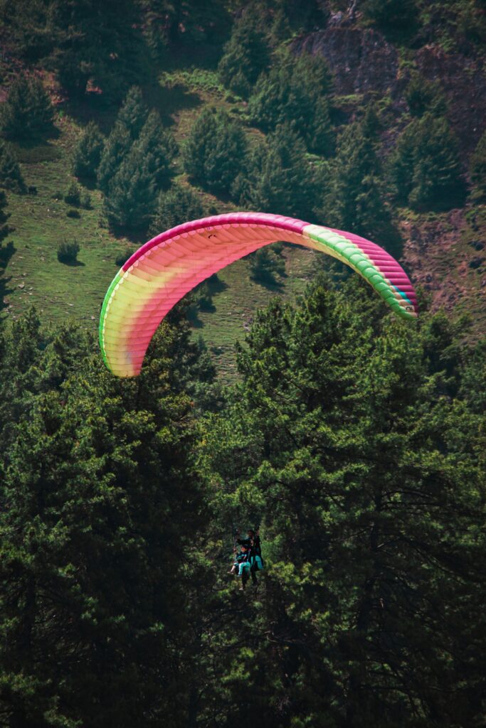 Paragliding over pine forest in Pahalgam Kashmir